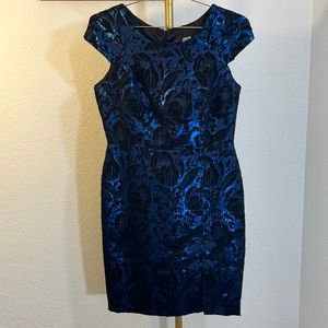 Eva Franco, metallic brocade cocktail dress with mandarin accents. Size 10.